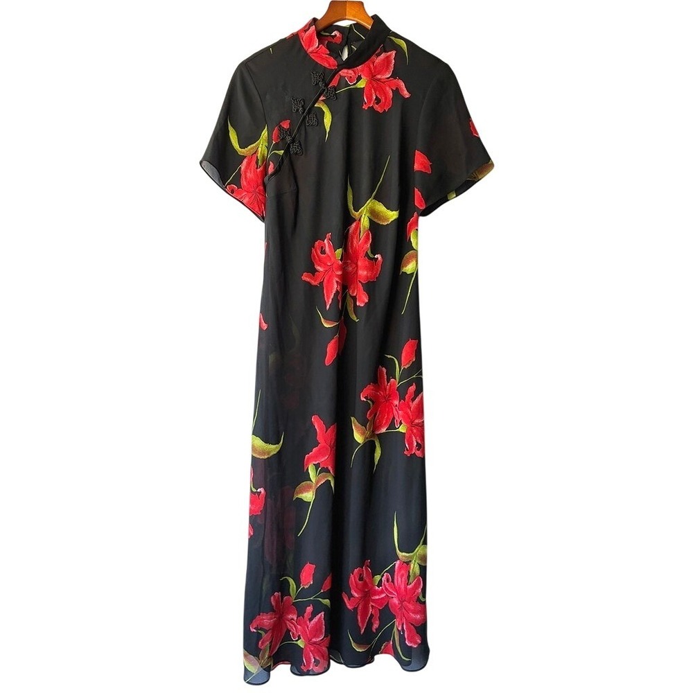Vintage Black Red Floral Cheongsam Qipao Maxi Dress Frog Closure Mandarin Collar